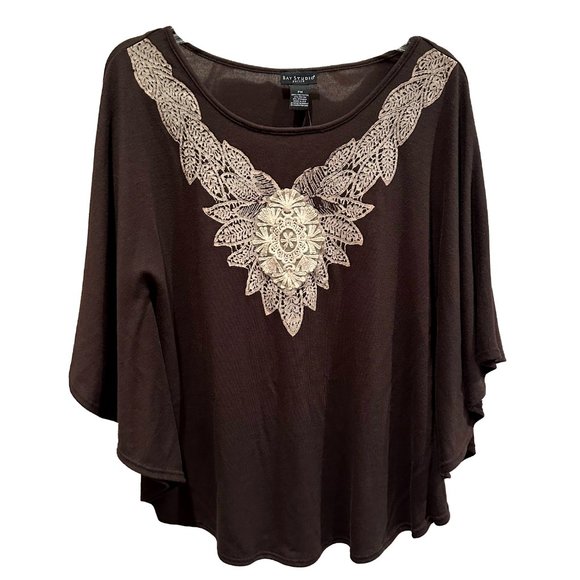 NWT Bay Studio Embroidered Brown Batwing Sleeve Poncho-Style Top Petite Medium - Picture 14 of 14